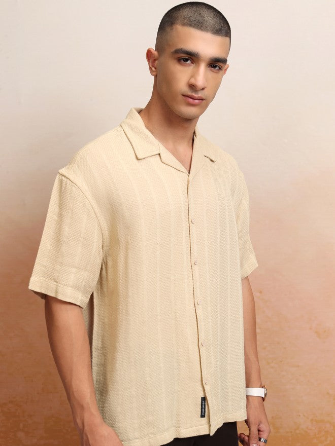 Highlander Men Beige Striped Oversized Fit Casual Shirt - Beige - Image 6