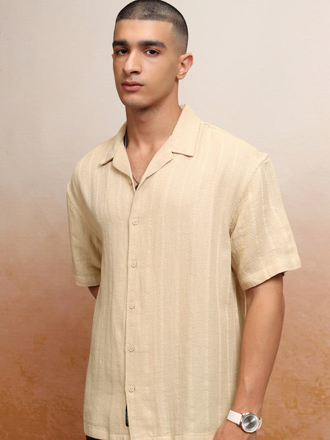 Highlander Men Beige Striped Oversized Fit Casual Shirt - Beige - Image 8