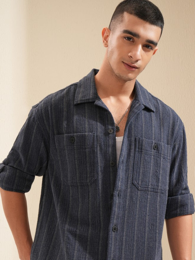 Highlander Men Navy Blue Striped Oversized Fit Casual Shirt - Navy Blue - Image 1
