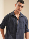 Highlander Men Navy Blue Striped Oversized Fit Casual Shirt - Navy Blue - Image 1