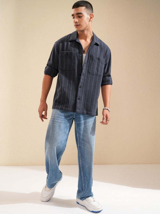 Highlander Men Navy Blue Striped Oversized Fit Casual Shirt - Navy Blue - Image 2
