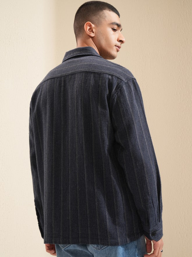 Highlander Men Navy Blue Striped Oversized Fit Casual Shirt - Navy Blue - Image 3