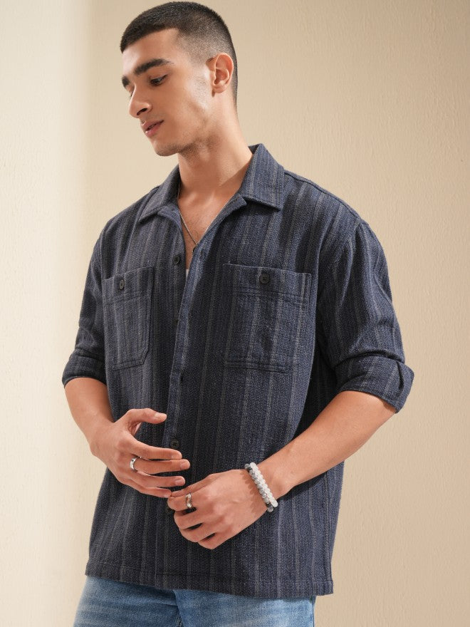 Highlander Men Navy Blue Striped Oversized Fit Casual Shirt - Navy Blue - Image 4