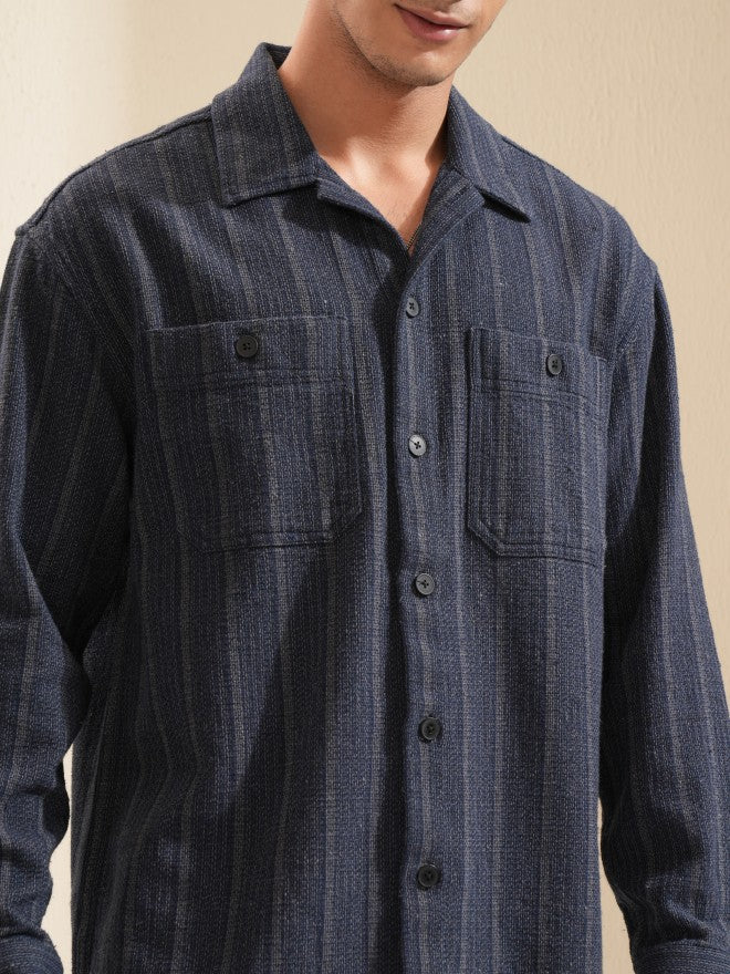 Highlander Men Navy Blue Striped Oversized Fit Casual Shirt - Navy Blue - Image 5