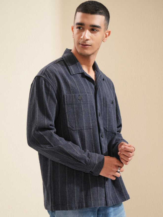 Highlander Men Navy Blue Striped Oversized Fit Casual Shirt - Navy Blue - Image 6
