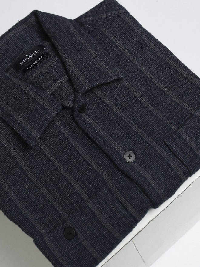 Highlander Men Navy Blue Striped Oversized Fit Casual Shirt - Navy Blue - Image 7