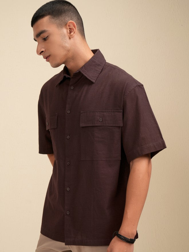 Highlander Men Brown Solid Oversized Fit Casual Shirt - Brown - Image 4