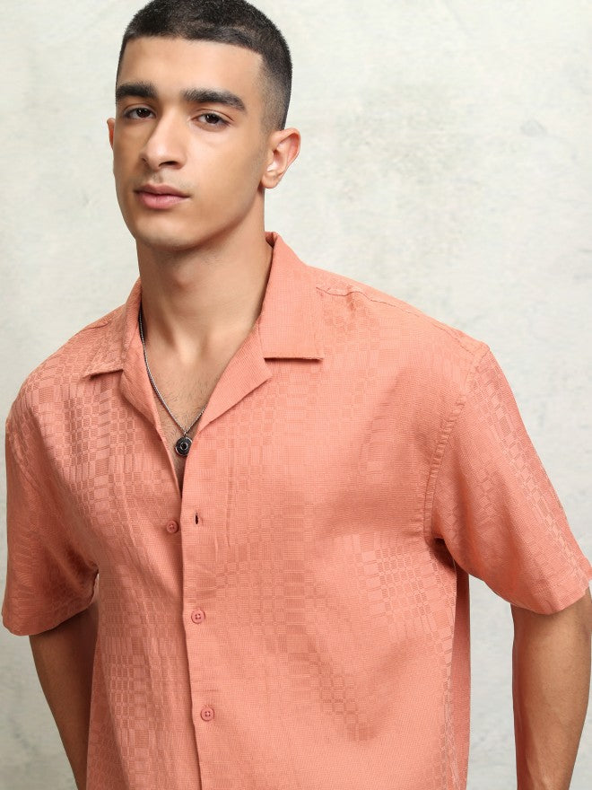 Highlader Men Peach Self Design Oversized Fit Casual Shirt - Peach - Image 1