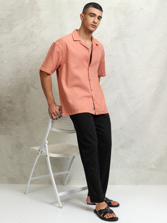 Highlader Men Peach Self Design Oversized Fit Casual Shirt - Peach - Image 2