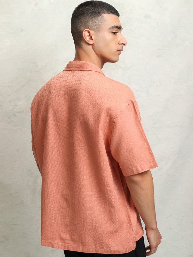 Highlader Men Peach Self Design Oversized Fit Casual Shirt - Peach - Image 3