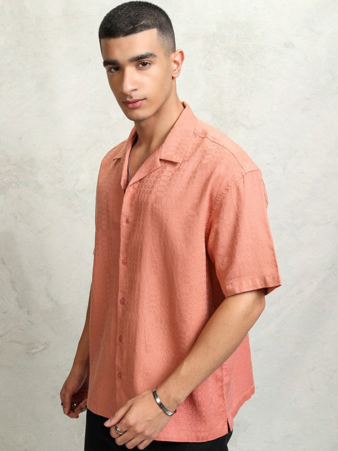 Highlader Men Peach Self Design Oversized Fit Casual Shirt - Peach - Image 4