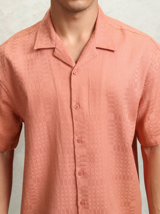 Highlader Men Peach Self Design Oversized Fit Casual Shirt - Peach - Image 5