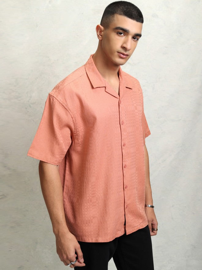 Highlader Men Peach Self Design Oversized Fit Casual Shirt - Peach - Image 6