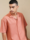 Highlander Men Coral Textured Oversized Fit Casual Shirt - Coral - Image 1