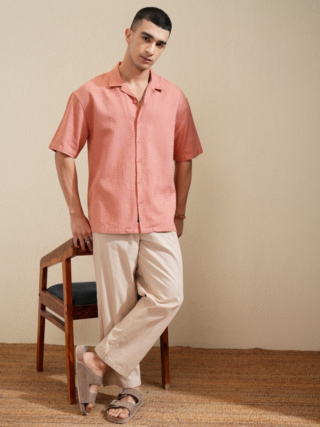 Highlander Men Coral Textured Oversized Fit Casual Shirt - Coral - Image 2