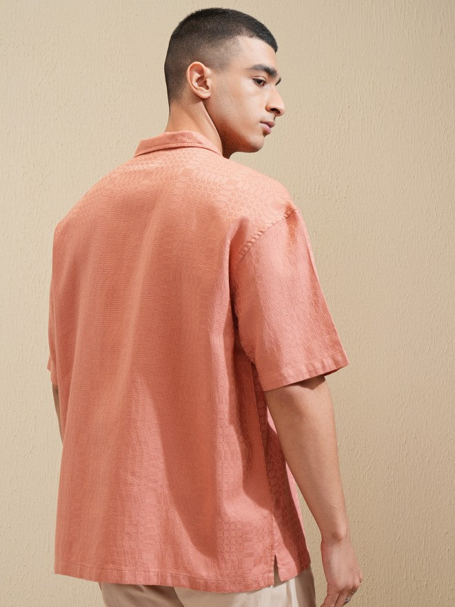 Highlander Men Coral Textured Oversized Fit Casual Shirt - Coral - Image 3