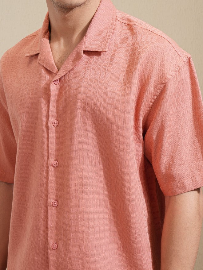 Highlander Men Coral Textured Oversized Fit Casual Shirt - Coral - Image 5