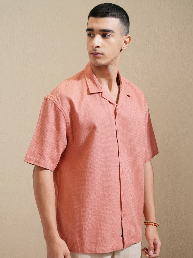Highlander Men Coral Textured Oversized Fit Casual Shirt - Coral - Image 6
