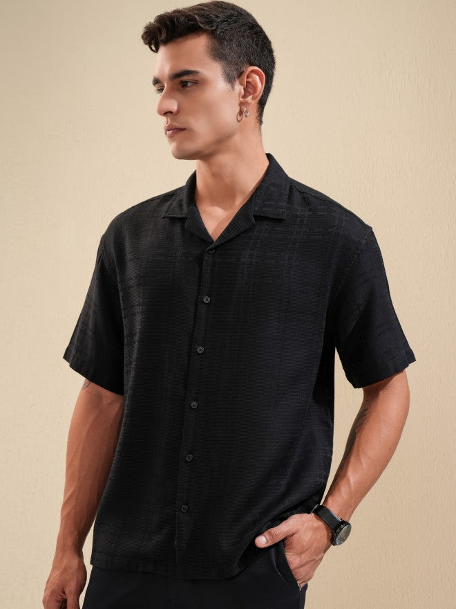 Highlander Men Black Textured Relaxed Fit Casual Shirt - Black - Image 4