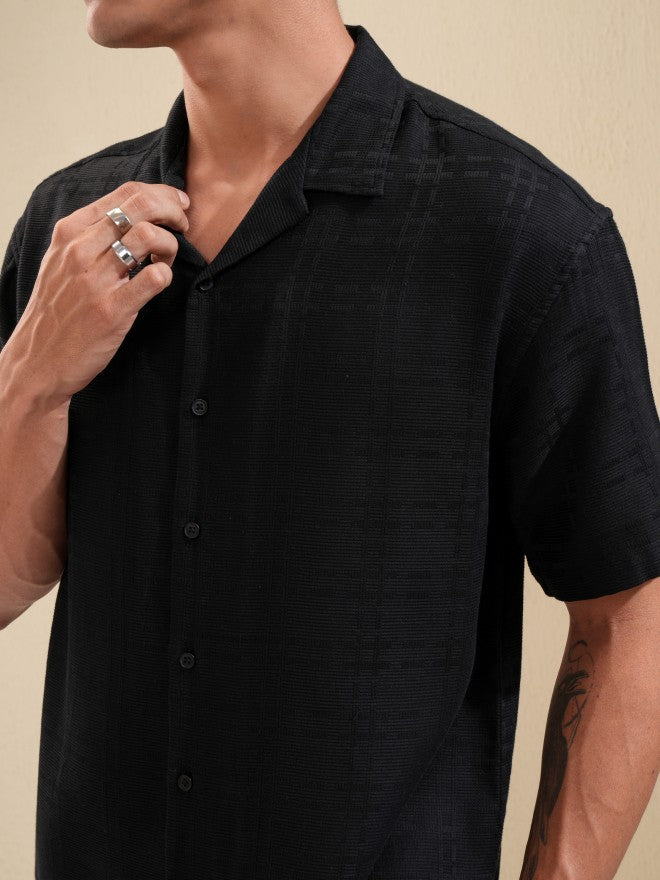 Highlander Men Black Textured Relaxed Fit Casual Shirt - Black - Image 5