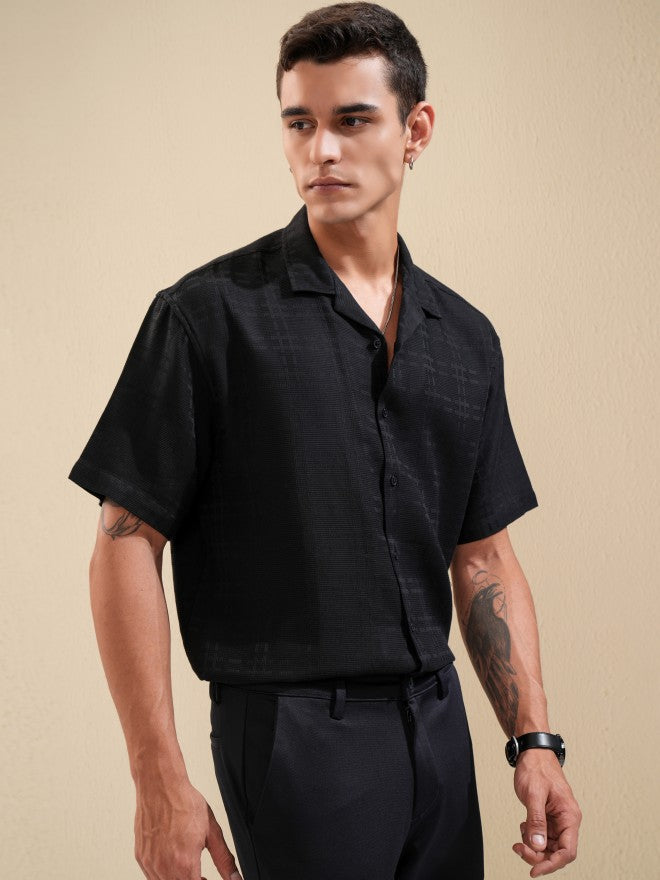 Highlander Men Black Textured Relaxed Fit Casual Shirt - Black - Image 6