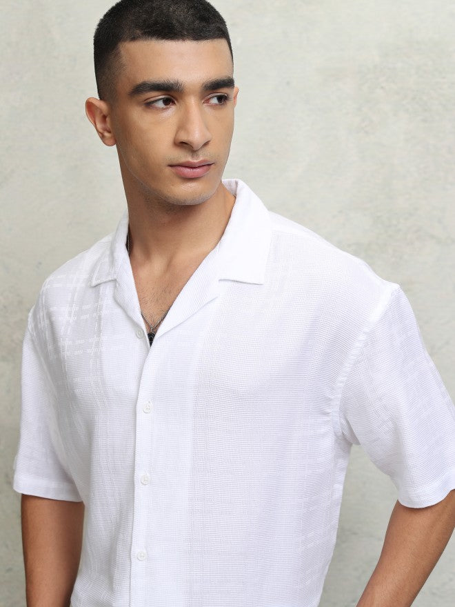 Highlander Men White Self Design Oversized Fit Casual Shirt - White - Image 1
