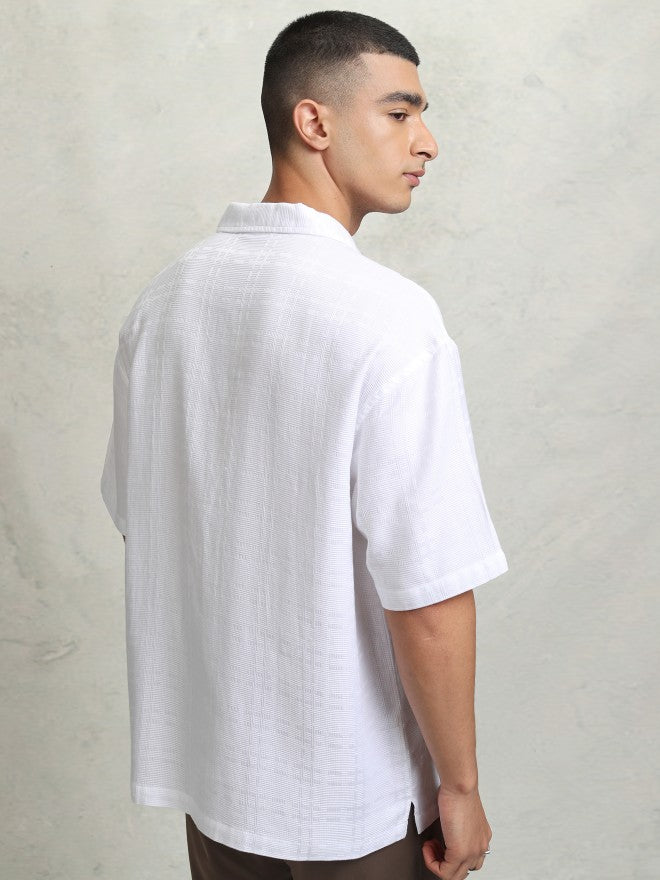 Highlander Men White Self Design Oversized Fit Casual Shirt - White - Image 3