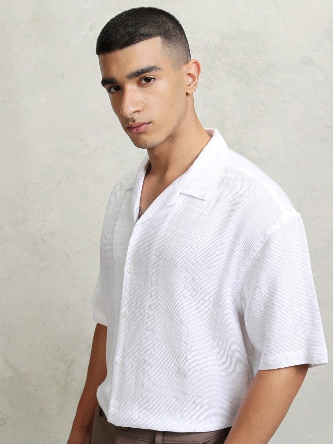 Highlander Men White Self Design Oversized Fit Casual Shirt - White - Image 4