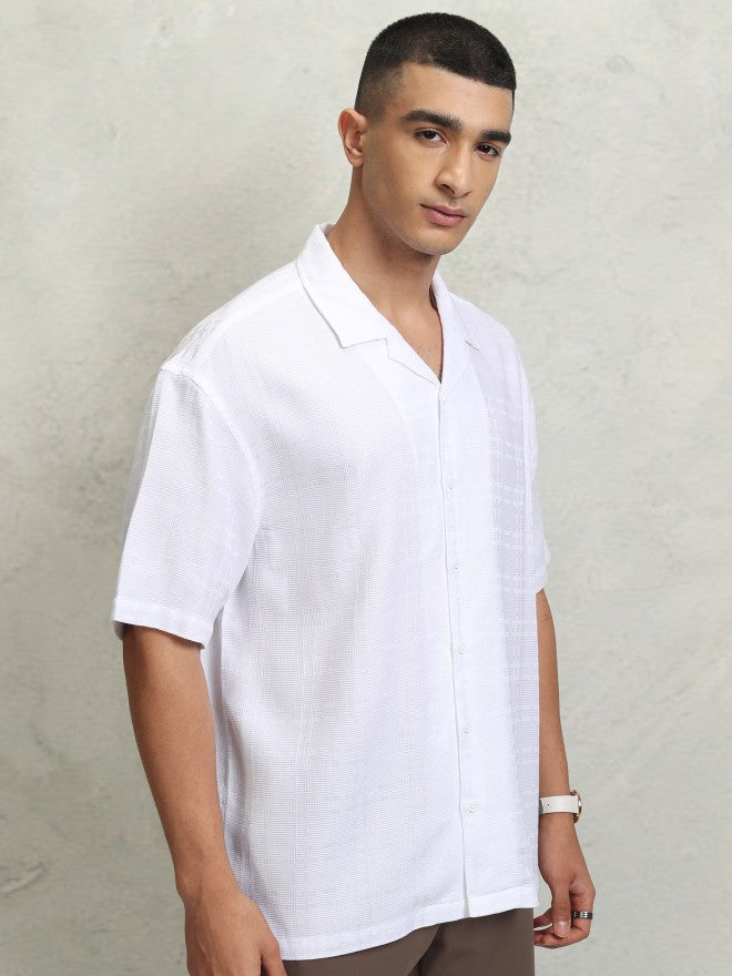 Highlander Men White Self Design Oversized Fit Casual Shirt - White - Image 6