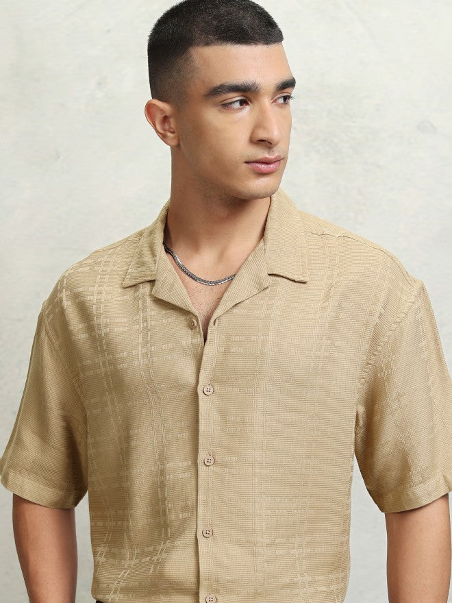 Highlander Men Beige Self Design Oversized Fit Casual Shirt - Beige - Image 1