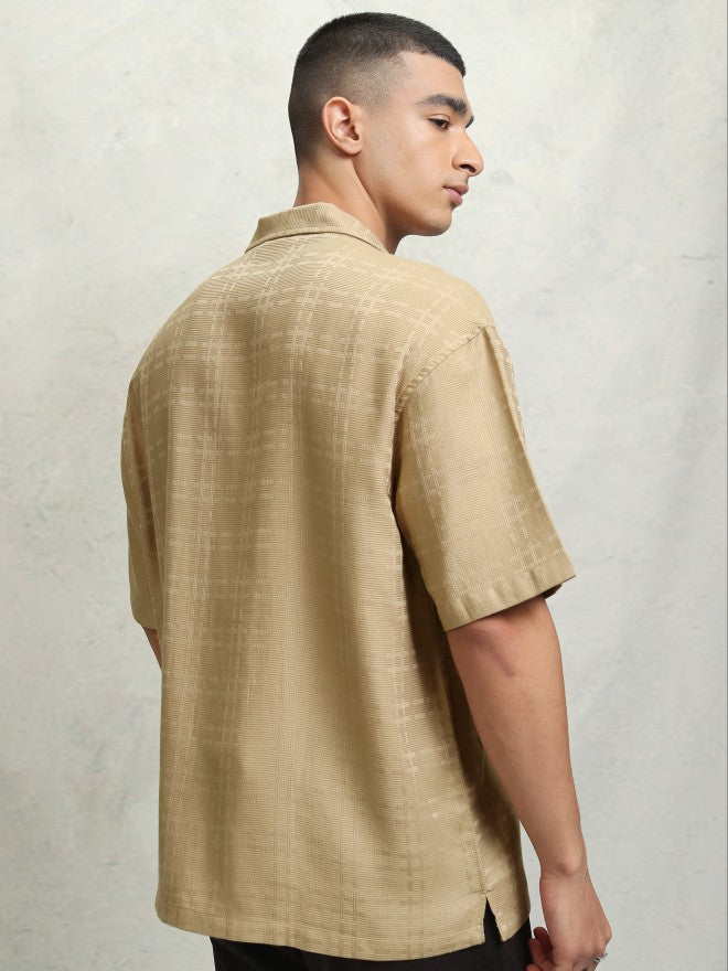 Highlander Men Beige Self Design Oversized Fit Casual Shirt - Beige - Image 3