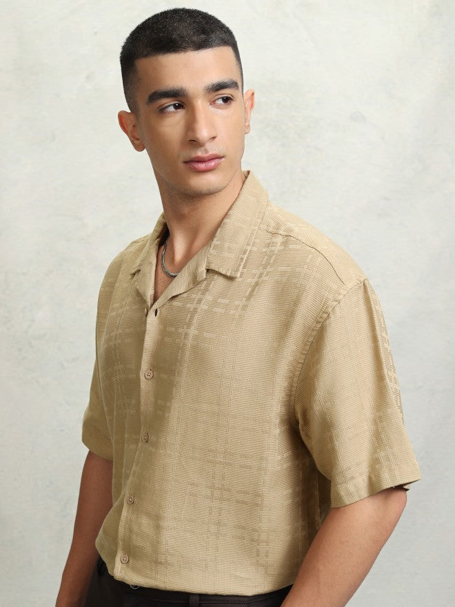 Highlander Men Beige Self Design Oversized Fit Casual Shirt - Beige - Image 4