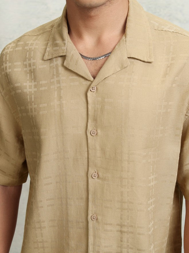 Highlander Men Beige Self Design Oversized Fit Casual Shirt - Beige - Image 5