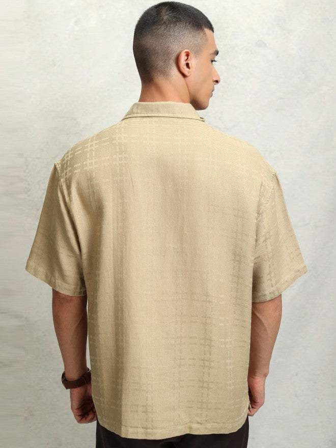 Highlader Men Beige Self Design Oversized Fit Casual Shirt - Beige - Image 3