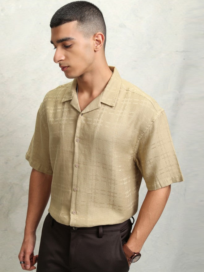 Highlader Men Beige Self Design Oversized Fit Casual Shirt - Beige - Image 4