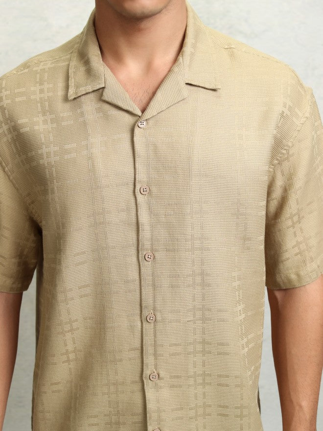 Highlader Men Beige Self Design Oversized Fit Casual Shirt - Beige - Image 5