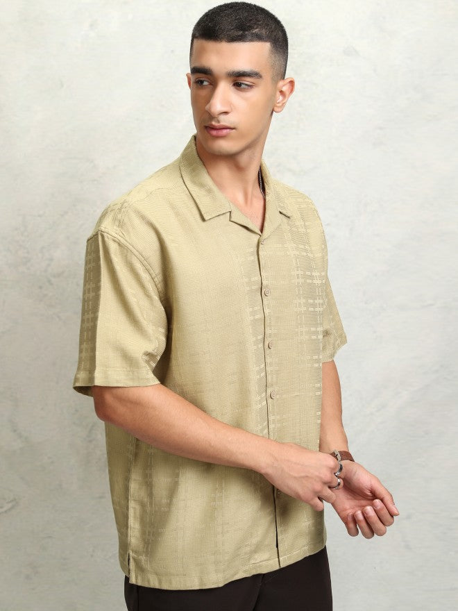Highlader Men Beige Self Design Oversized Fit Casual Shirt - Beige - Image 6