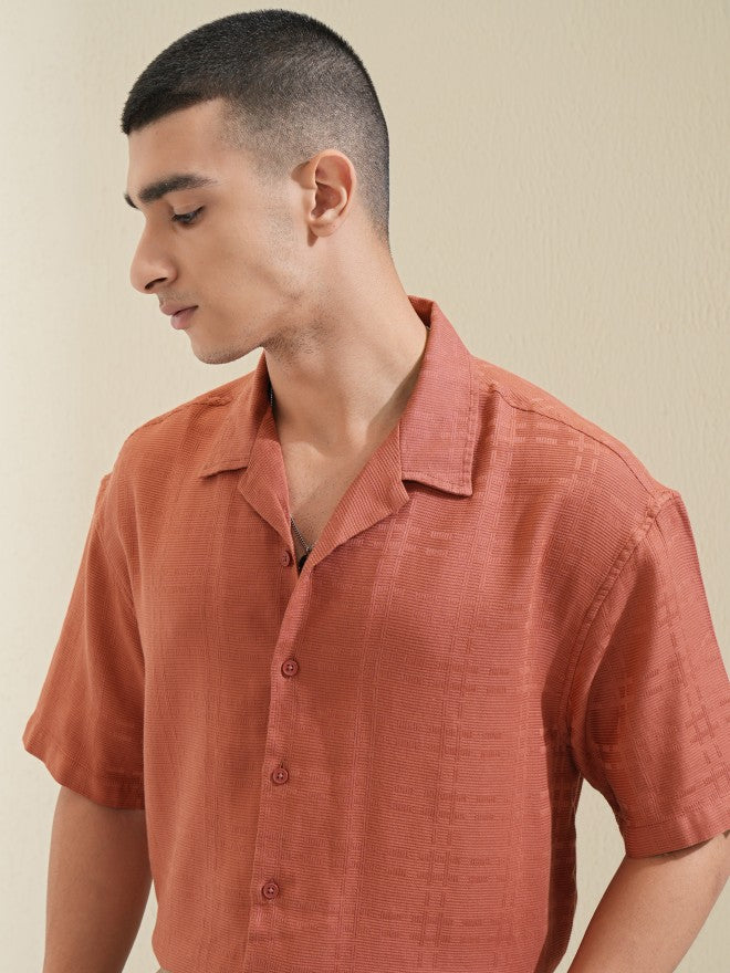 Highlander Men Red Self Design Oversized Fit Casual Shirt - Red - Image 1