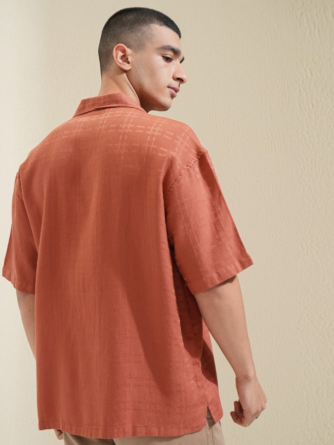 Highlander Men Red Self Design Oversized Fit Casual Shirt - Red - Image 3