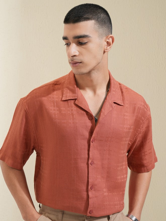 Highlander Men Red Self Design Oversized Fit Casual Shirt - Red - Image 4