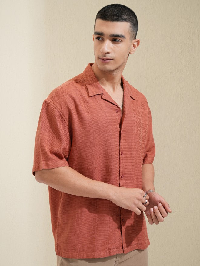 Highlander Men Red Self Design Oversized Fit Casual Shirt - Red - Image 6