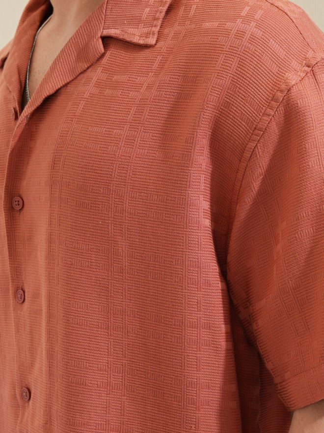 Highlander Men Red Self Design Oversized Fit Casual Shirt - Red - Image 7