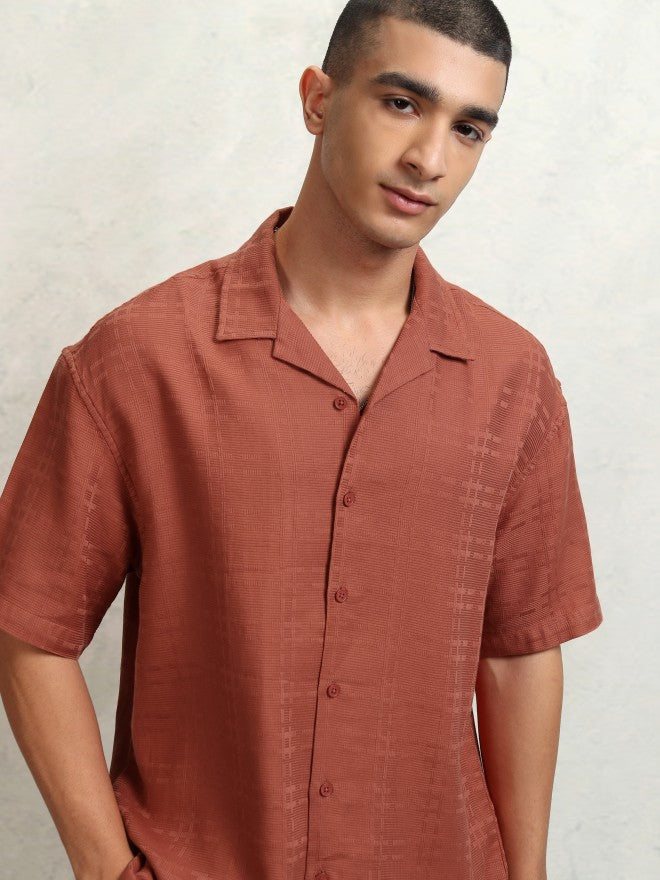 Highlander Men Rust Self Design Oversized Fit Casual Shirt - Rust - Image 1