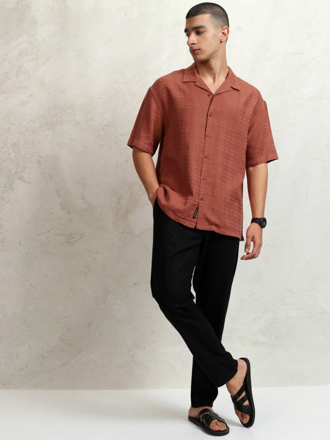Highlander Men Rust Self Design Oversized Fit Casual Shirt - Rust - Image 2