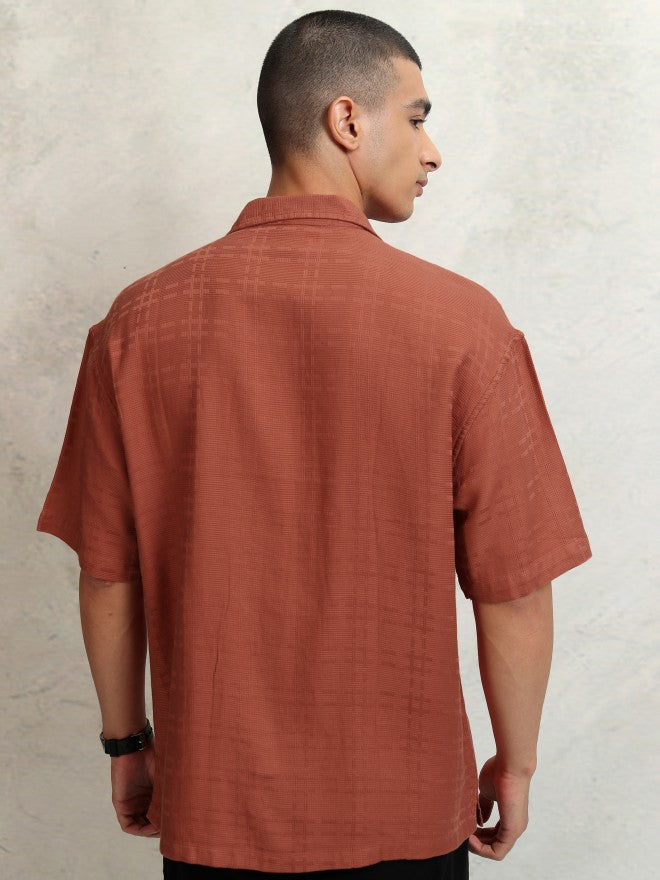 Highlander Men Rust Self Design Oversized Fit Casual Shirt - Rust - Image 3