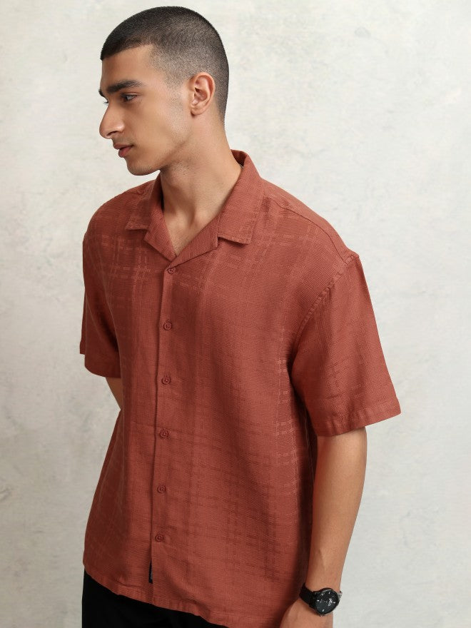Highlander Men Rust Self Design Oversized Fit Casual Shirt - Rust - Image 4