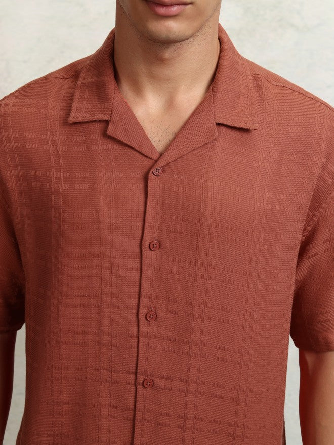 Highlander Men Rust Self Design Oversized Fit Casual Shirt - Rust - Image 5