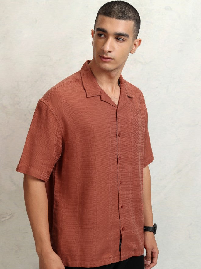 Highlander Men Rust Self Design Oversized Fit Casual Shirt - Rust - Image 6