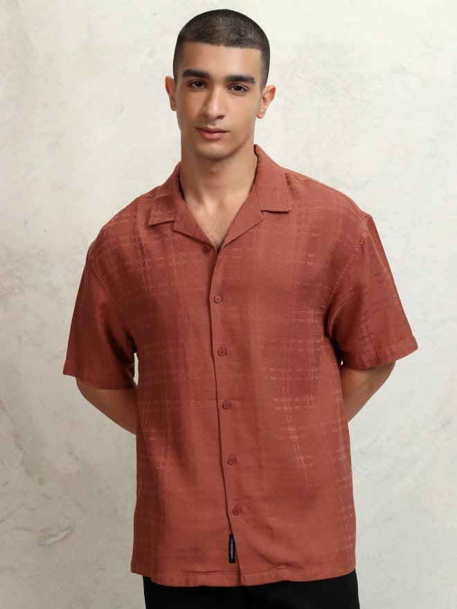 Highlander Men Rust Self Design Oversized Fit Casual Shirt - Rust - Image 7