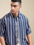 Highlander Men Blue Striped Oversized Fit Casual Shirt - Blue - Image 1